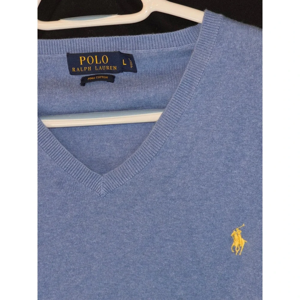 Polo Ralph Lauren Mens Pima‎ Cotton V-Neck Sweater Light Blue Large